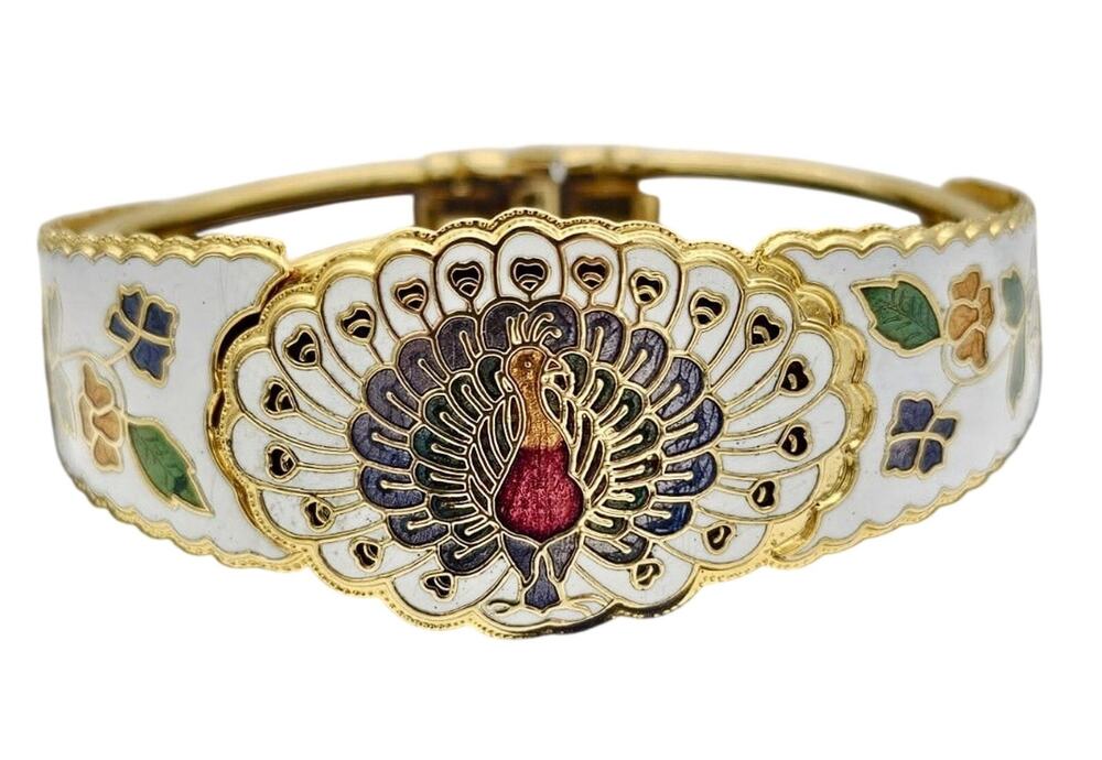 Vtg Cloisonne Peacock Bird White Multi Color Cuff Spring Bracelet